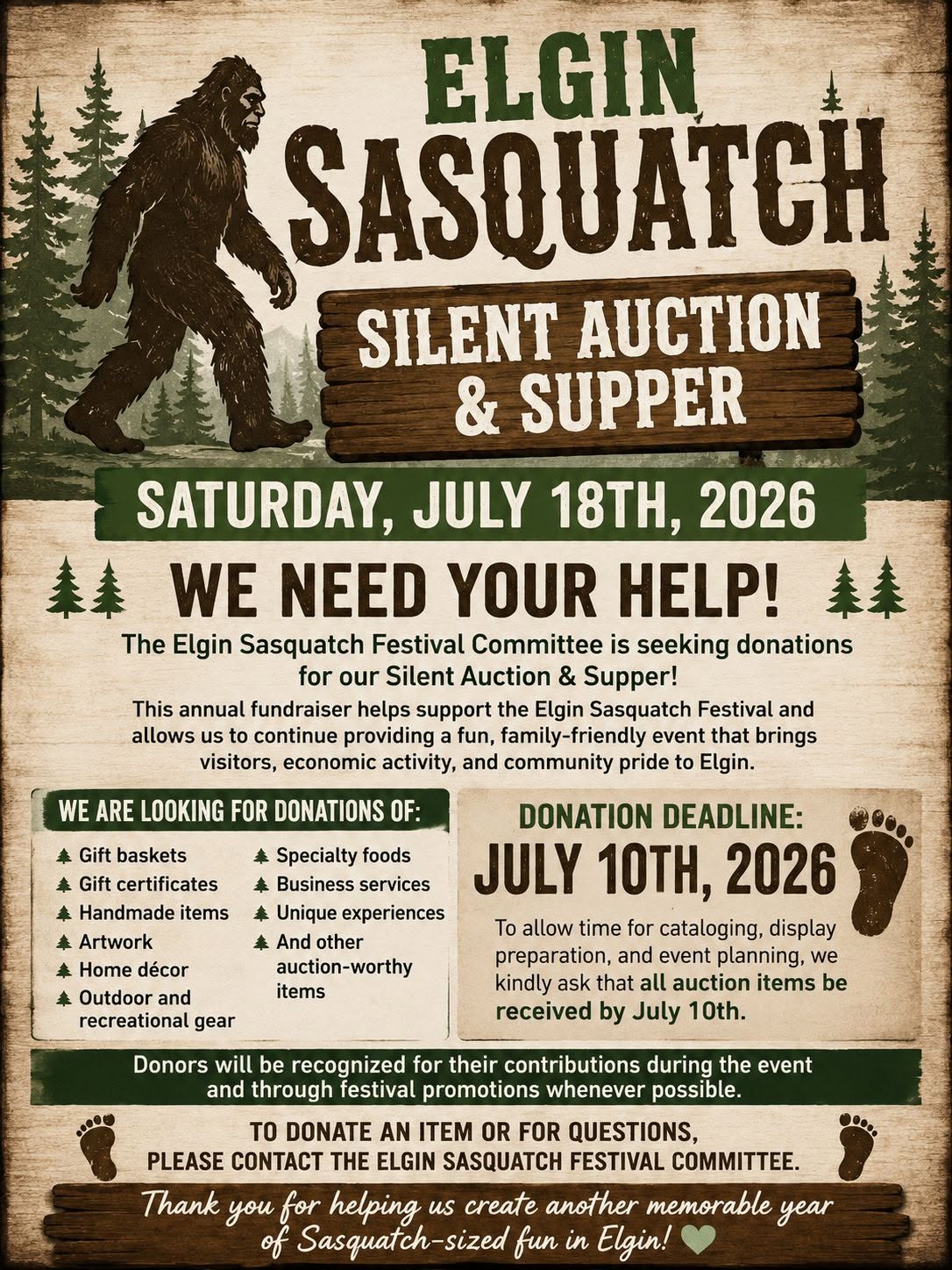 Mark Your Calendars for Elgin Sasquatch Festival Silent Auction & Supper on July 18!